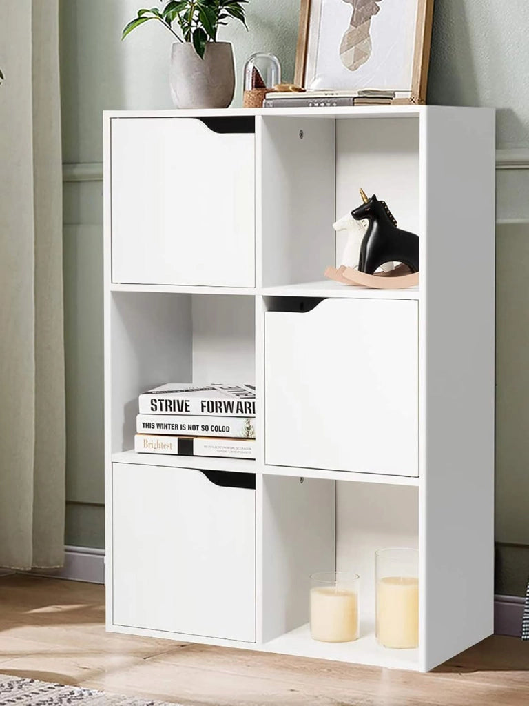 Armadietto Libreria a 3 Livelli, con 6/9 Scomparti, 3/5 Ante, Mobiletto Portalibri Moderno, Multiuso e Salvaspazio, Ideale per Soggiorno, Studio, Ufficio, Camera (Bianco, 60x29x90 cm)