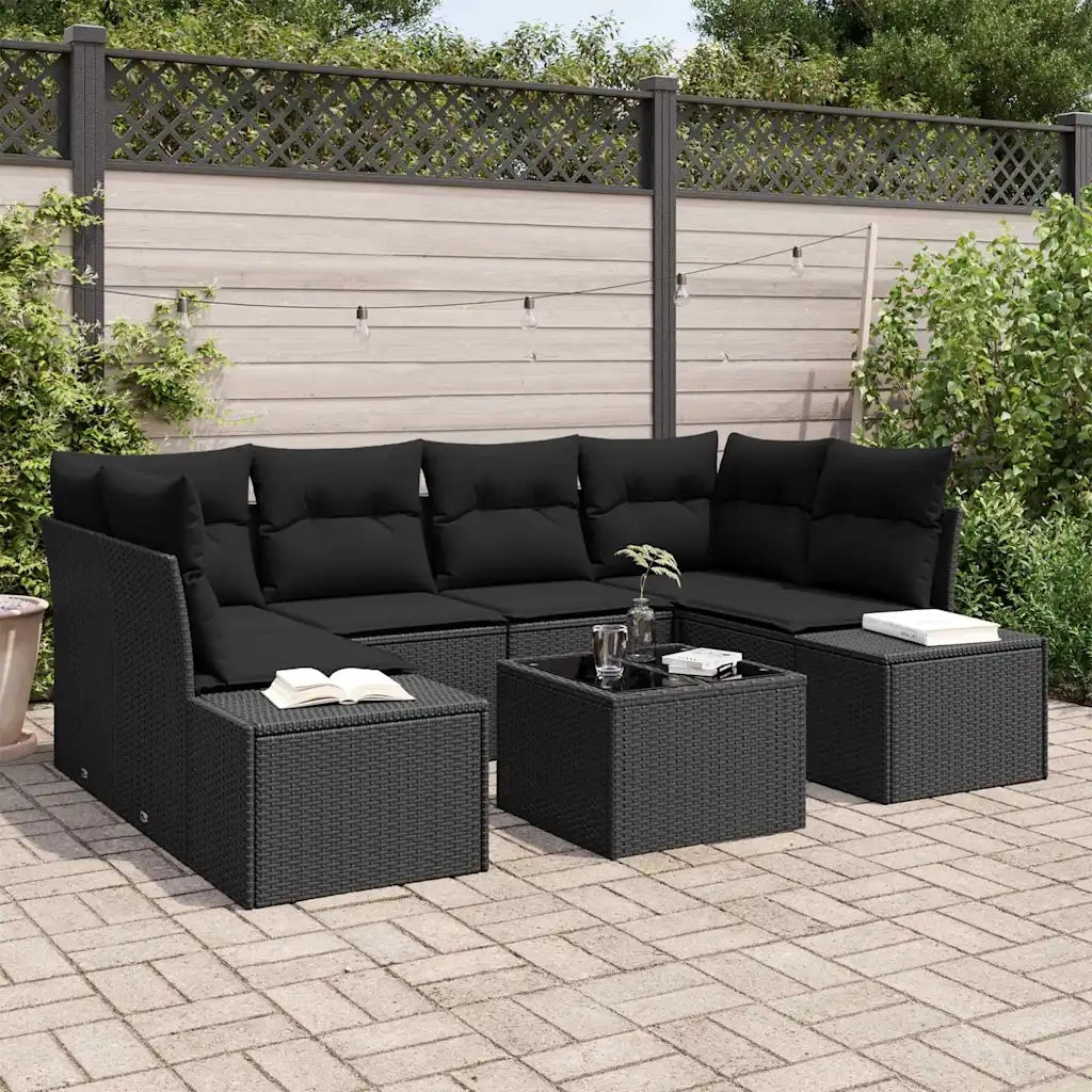 Set Divano da Giardino con cuscino 7 pcs Nero polyrattan