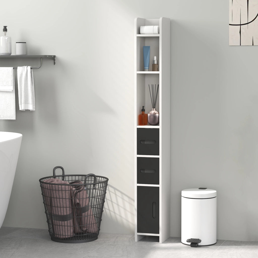 Mobile a Colonna da Bagno 15x17x120 cm con Ripiani a Giorno e Armadietti in Legno Bianco e Nero