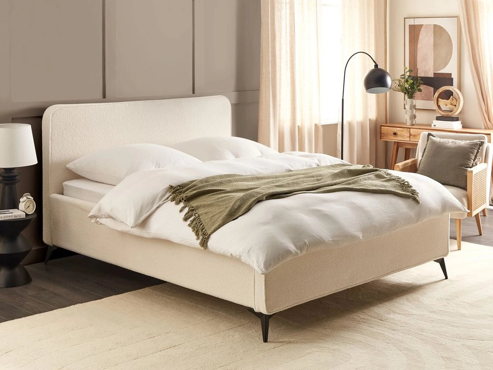 Letto matrimoniale imbottito in bouclé Bianco Sporco gambe in metallo nero 160x200 cm testiera stile classico minimalista