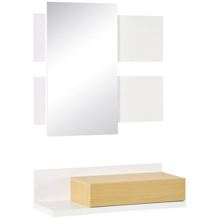 Set Mobili da Ingresso da Parete con Specchio 40x70 cm e Cassetto in Legno Naturale e Bianco