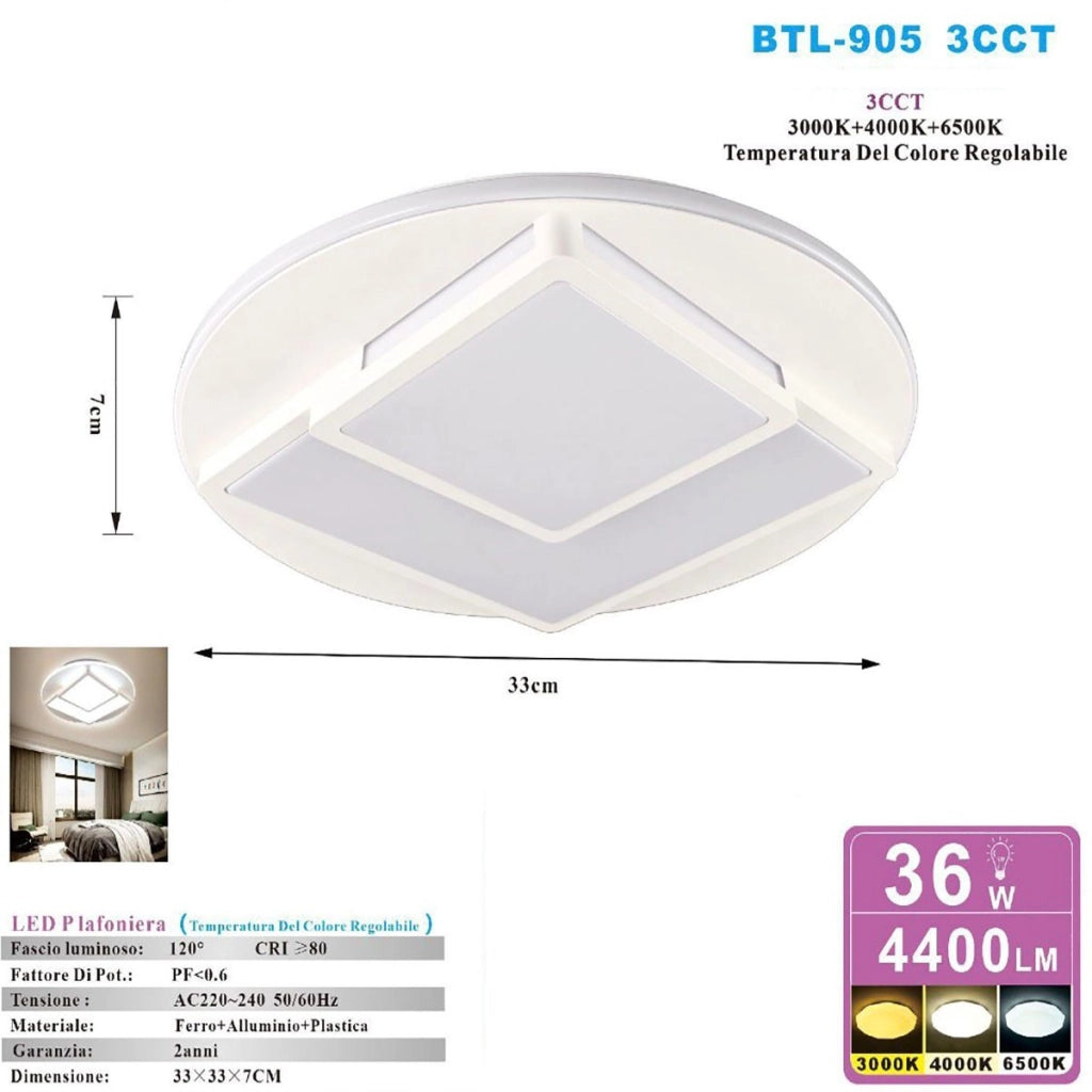 PLAFONIERA LED 36W 3CCT 3000K 4000K 6500K 4400LM DESIGN GEOMETRICO 33CM ET-31641