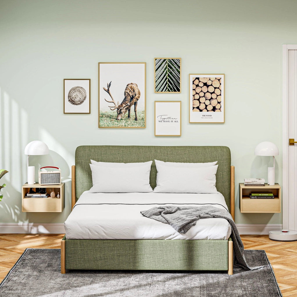 Comodino sospeso 45x35x27.5 cm con cassetto e ripiano aperto in legno naturale