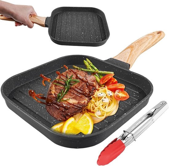 Pentola a griglia con manico 19 x 20 cm - Pannetto antiaderente per petti di pollo, bistecche e pannocchie - Adatto a tutti i fornelli - Nero