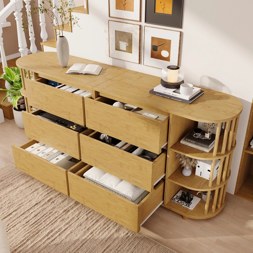 Cassettiera Sideboard con Ripiani in Bamb¨´ e Colonne ¨C MINIMAL ¨C Rovere, 6 Cassetti, 160x75x40 cm