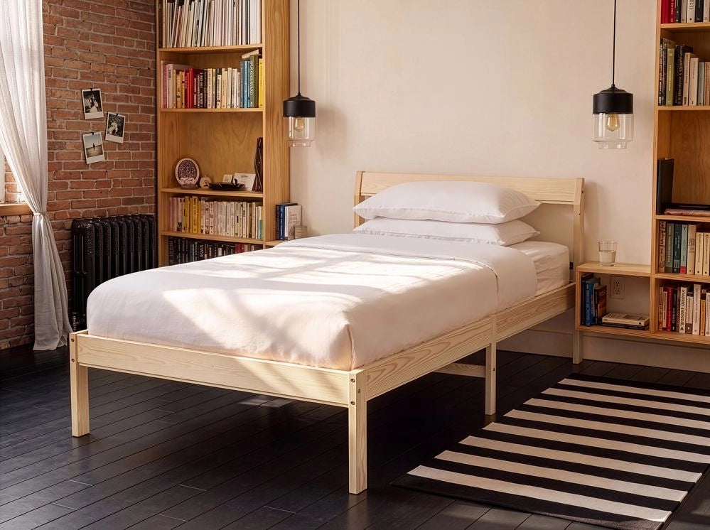 Letto singolo in legno di Pino marrone chiaro con Rete a Doghe 90 x 200 cm stile minimalista