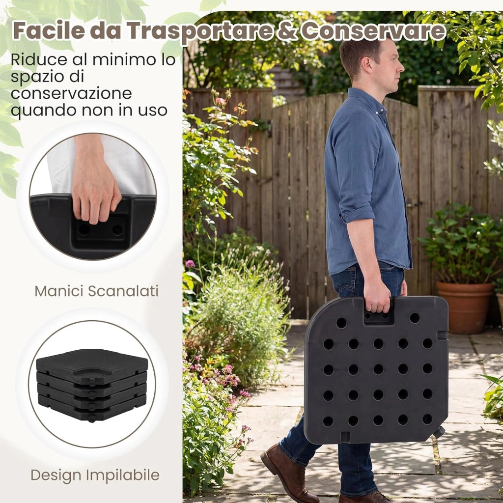 Base per Ombrellone in Plastica a 4 Pezzi, Supporto Ombrellone Riempibile 72 kg con Acaua e Sabbia, con Maniglia e 4 Perni in Meallo, per Patio e Bordo Piscina