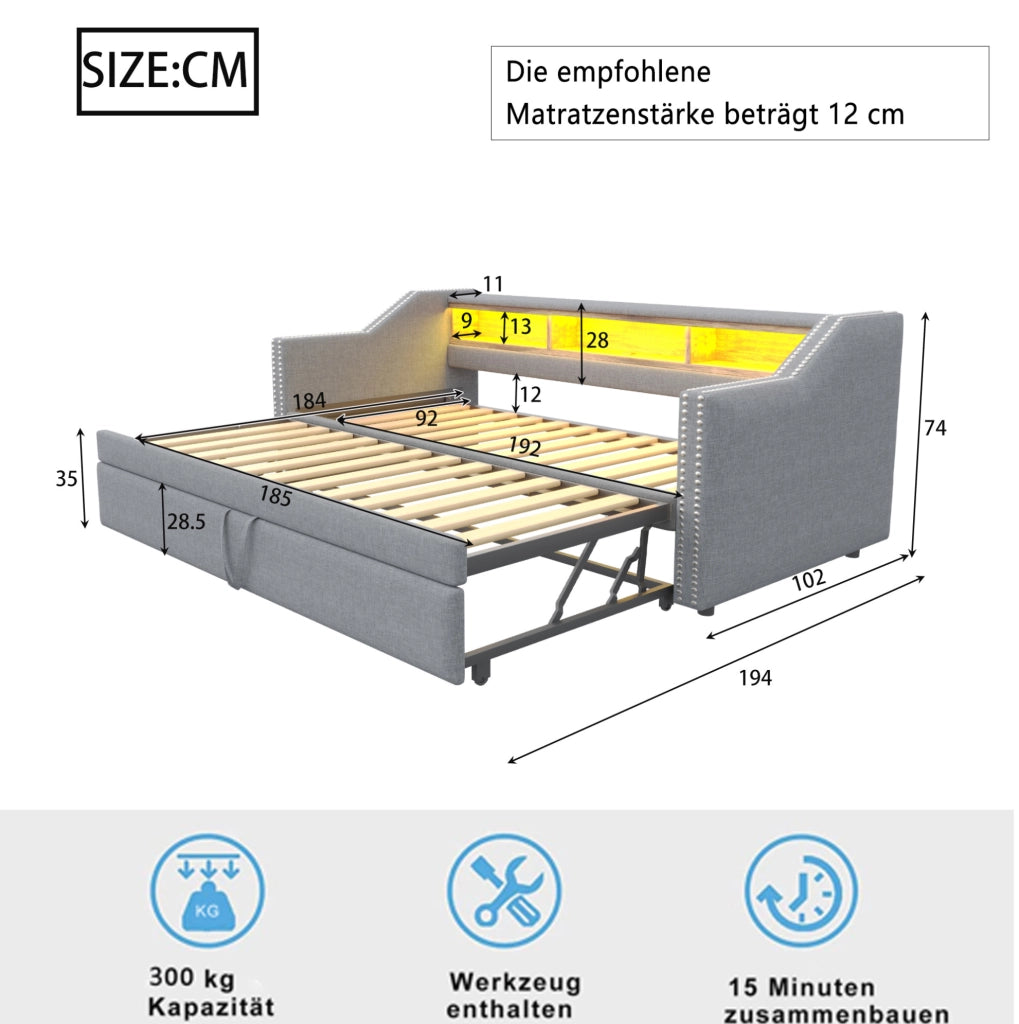 Divano letto imbottito estraibile 90/180x190 cm grigio chiaro