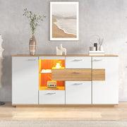 Credenza con 2 ante 4 cassetti LED e ripiani regolabili per soggiorno, in MDF, bianco e legno, 160 × 40 × 77 cm
