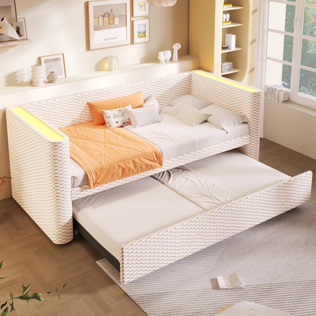 Letto salvaspazio matrimoniale 90×200 cm e 180×200 cm con LED; MDF e velluto; senza materasso; beige