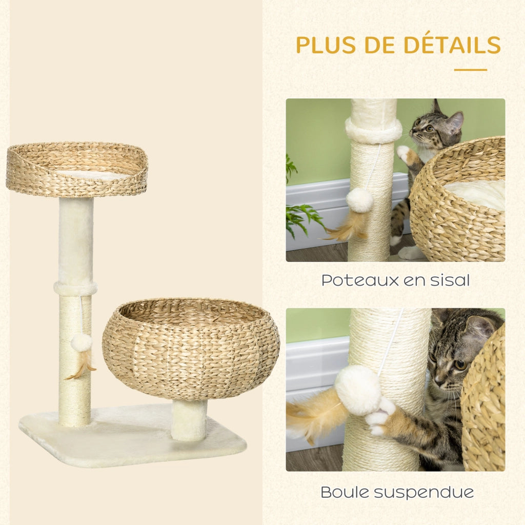 Tiragraffi per gatti a 2 livelli con palla sospesa ¨C zephmum ¨C grigio, sisal, 72x40x40 cm