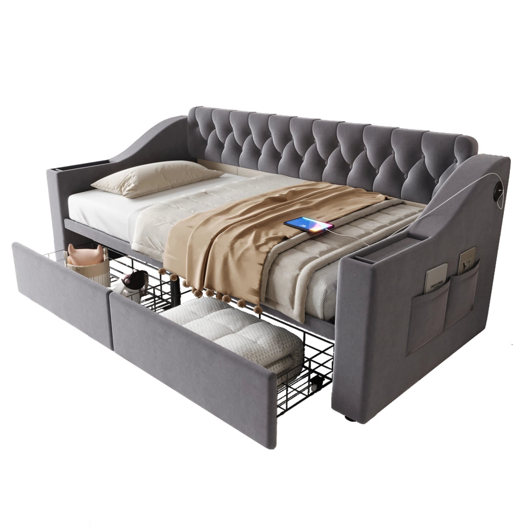 Letto imbottito 90x190 cm con divano letto, tessuto velluto, 2 cassetti contenitore, porte USB e struttura in metallo, grigio scuro