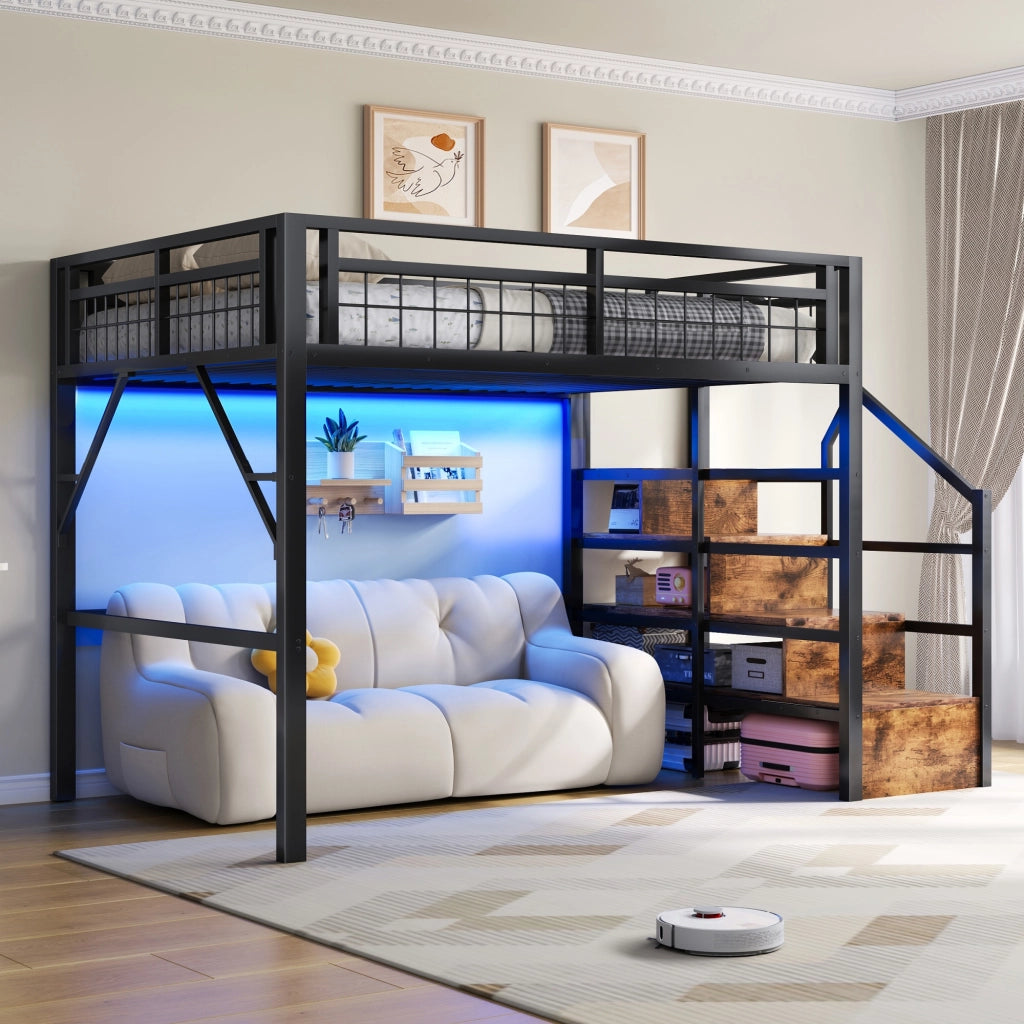 OKWISH Letto a soppalco 140×200 cm, Letto matrimoniale con LED regolabile, Scala con contenitore e spazio libero, senza materasso, Nero