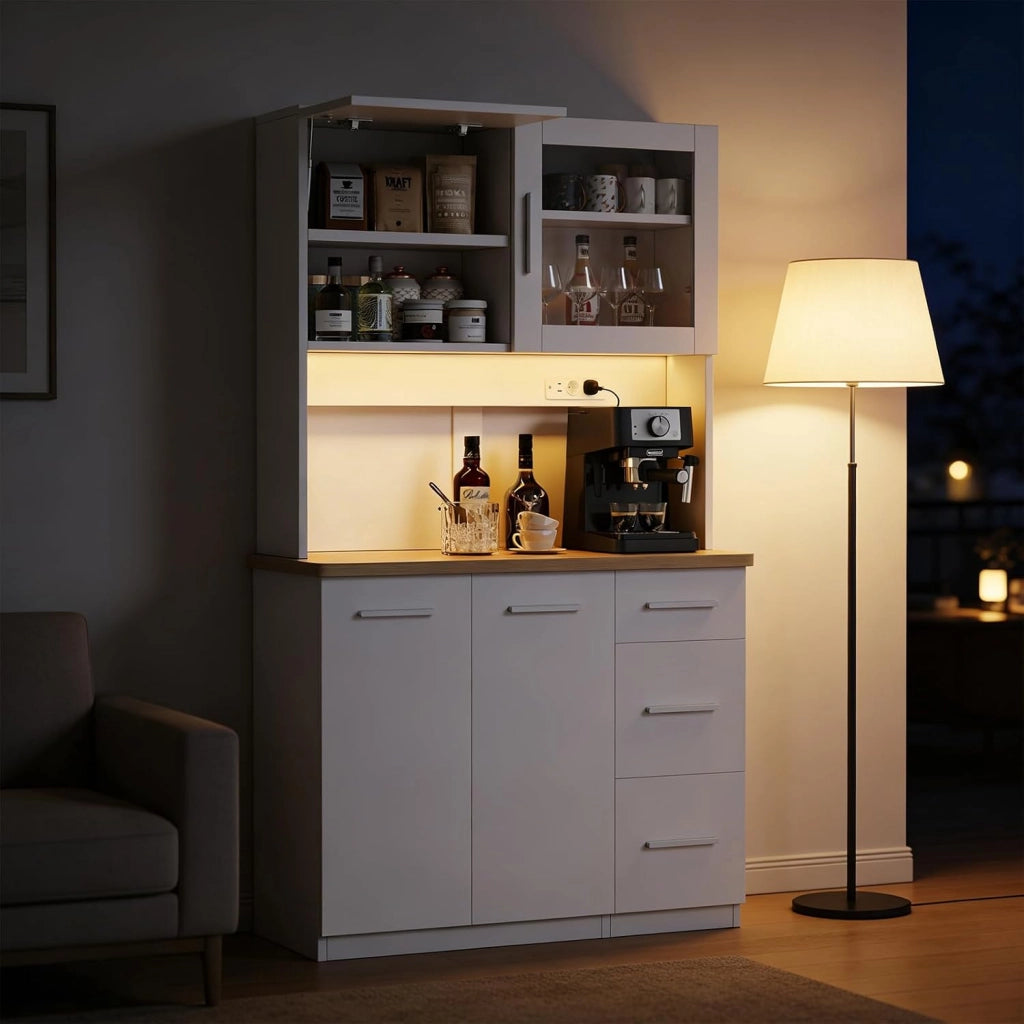 Mobile da cucina, credenza, armadio alto con prese di corrente e strisce LED 3000 K, con piano di lavoro da 24 mm, ripiani regolabili, 3 cassetti, 100 x 40 x 182 cm (Bianco)