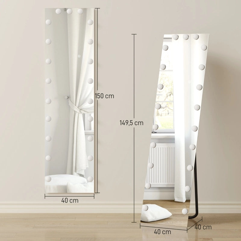 Specchio intero 150x40 cm con LED RGB, 21 lampadine, touch e memoria, vetro temperato