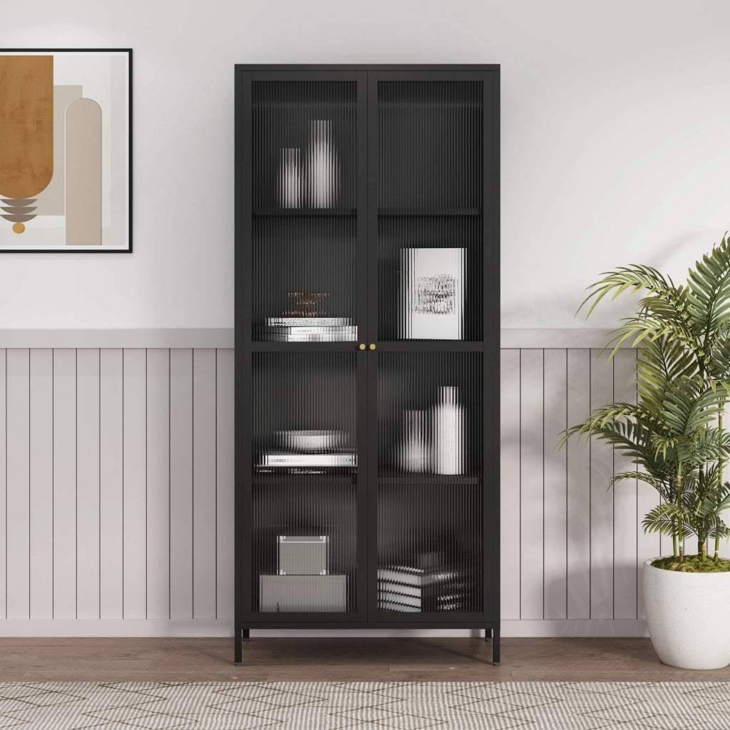 Armadio a Vetrata Säkylä con 4 Scomparti 180 x 80 x 35 cm in Acciaio - Nero [en.casa]