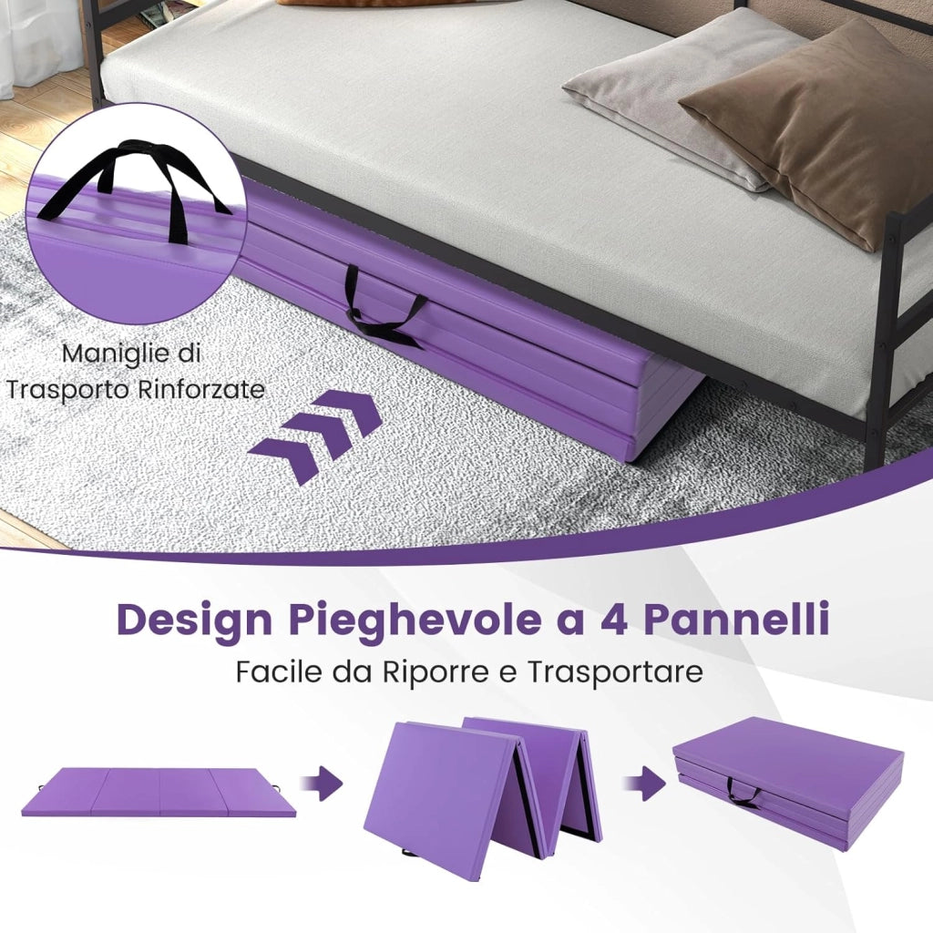 Tappetino Palestra Pieghevole a 4 Pannelli, Tappetino Ginnastica 300 x 117 x 5 CM con Maniglie e Chiusure a Strappo, per Ginnastica, Yoga e Stretching