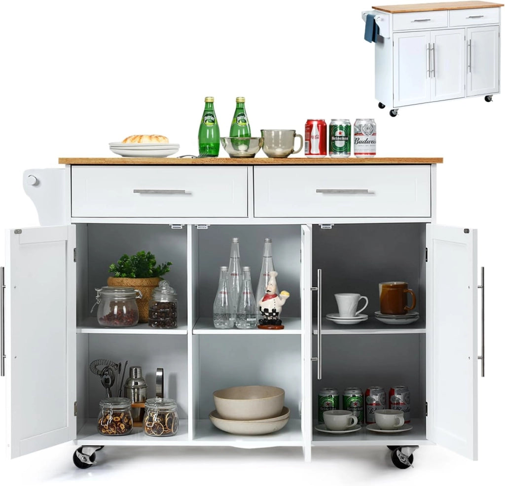 Carrello Portaoggetti con Ruote con 2 Freni, Isola Cucina in Rovere Massiccio, Mobiletto da Pranzo con Portaspezie e Portasciugamani, per Soggiorno, 111,5 x 46 x 93 cm, In 2 Pacchi (Bianco)
