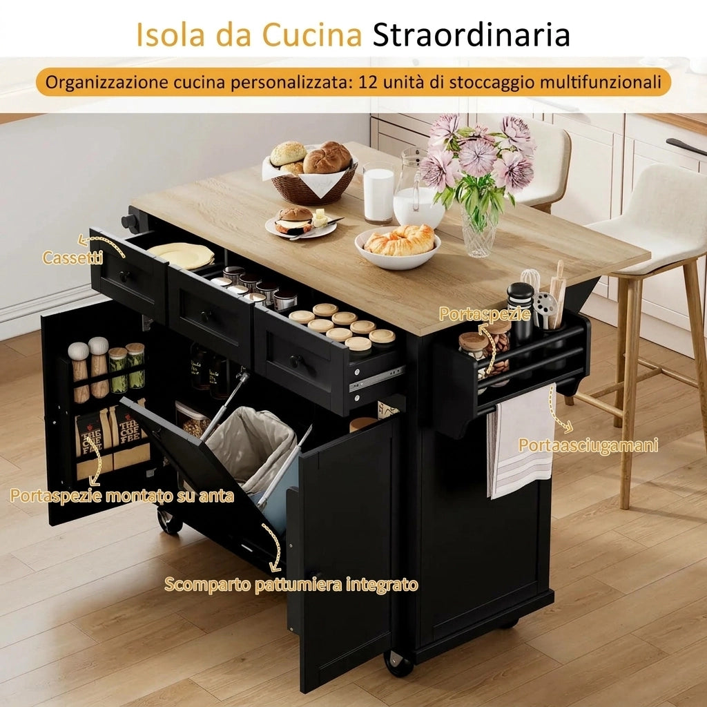 Isola cucina con ruote allungabile con cassetti e scomparto per pattumiera; MDF; nero