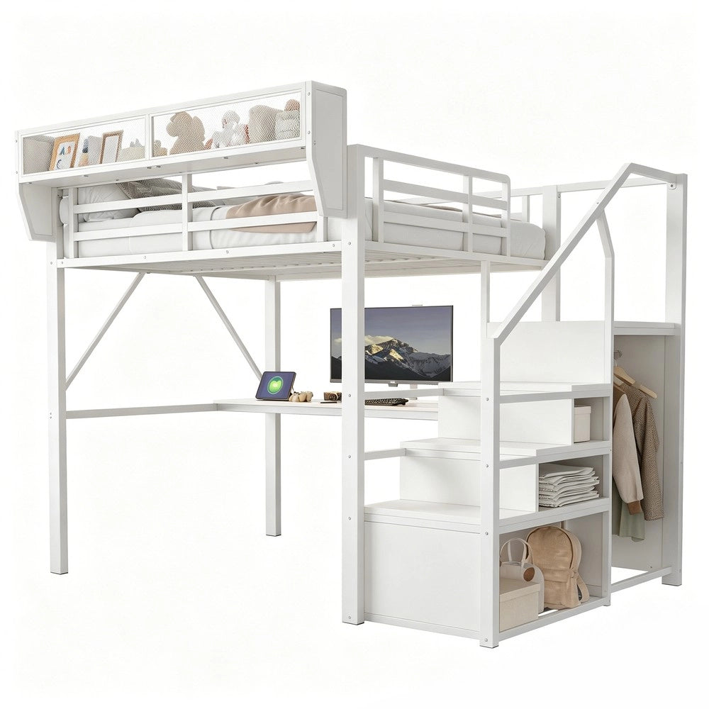 Letto a soppalco ¨C Minimal ¨C Bianco metallo con LED 140x200 cm