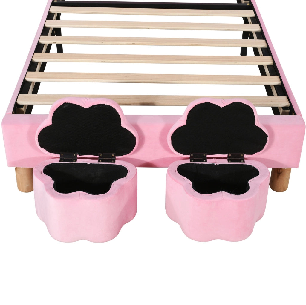Letto singolo rosa 90x200 cm in velluto con LED e contenitore