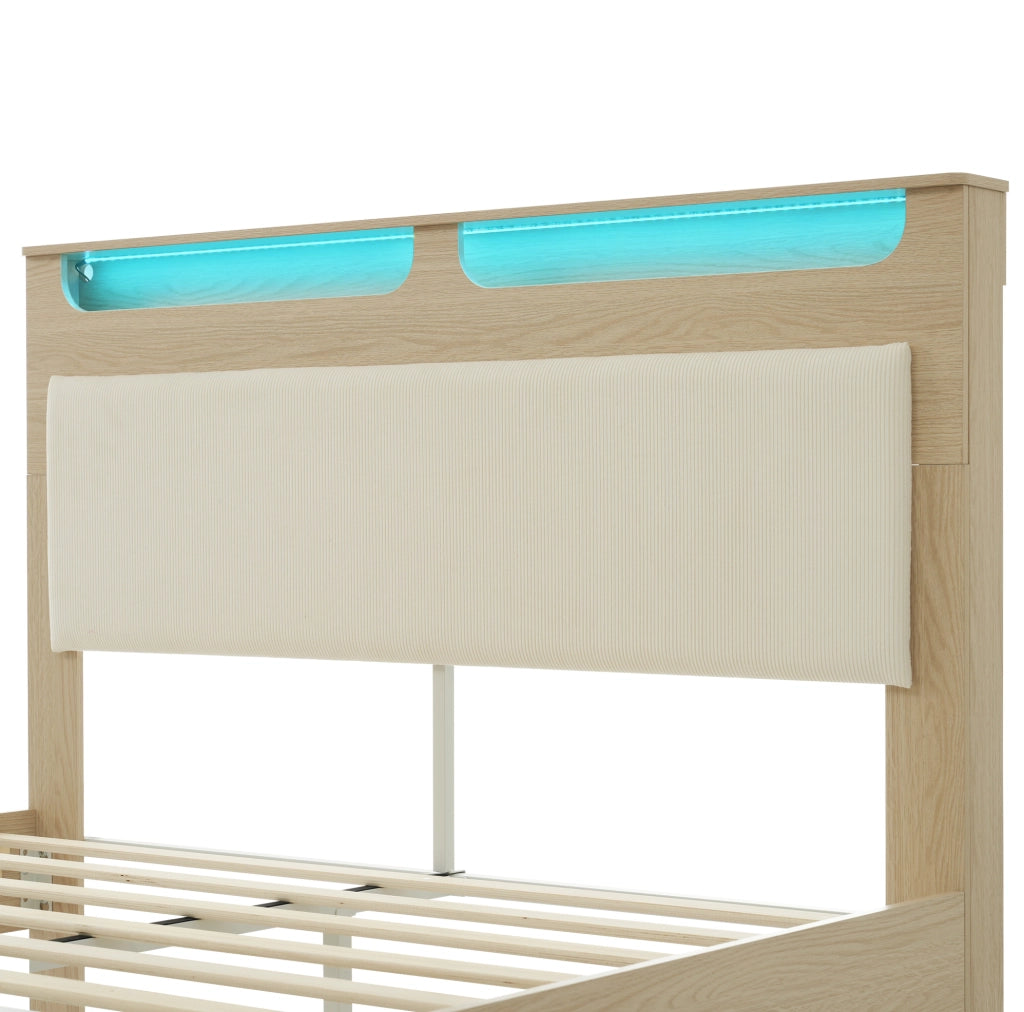 Letto matrimoniale 140x200 cm con LED e contenitore; beige e rovere chiaro
