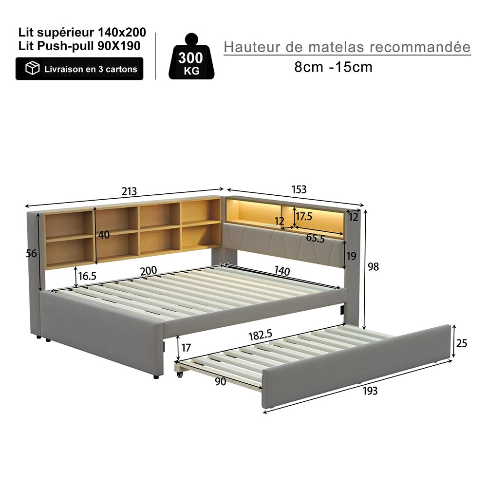 Divano letto - Xylo - 140x200 cm letto nascosto USB grigio chiaro