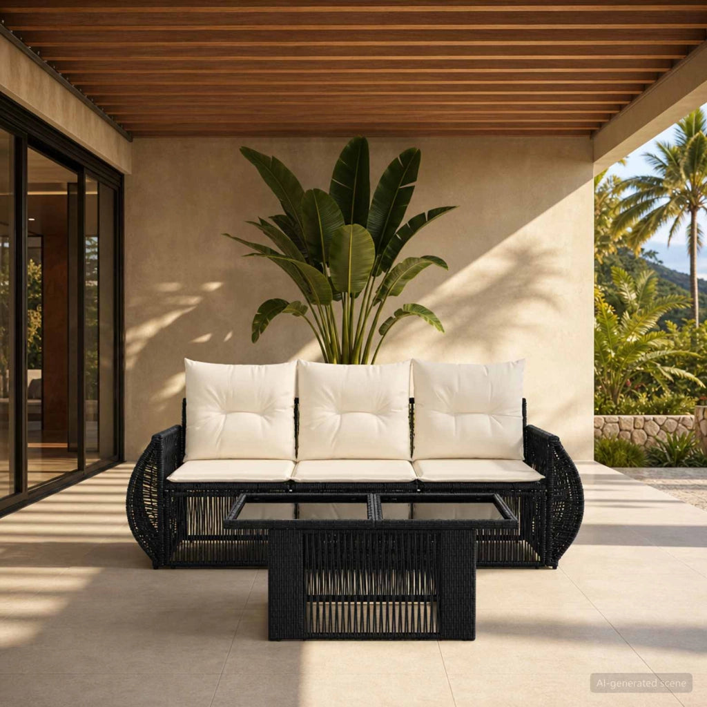 Set Divano da Giardino 4 pz Nero e Bianco Crema polyrattan 3436891