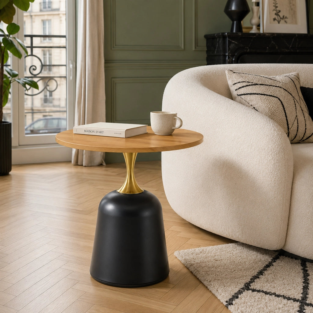 Tavolino rotondo con base in metallo appesantita; stile nordico; in melamina color legno; 70 × 69 × 40 cm