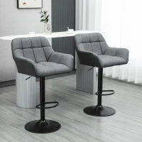 Set di 2 Sgabelli da Bar dal Design Retrò Regolabili in Altezza, Ecopelle, Effetto Lino, Grigio e Nero