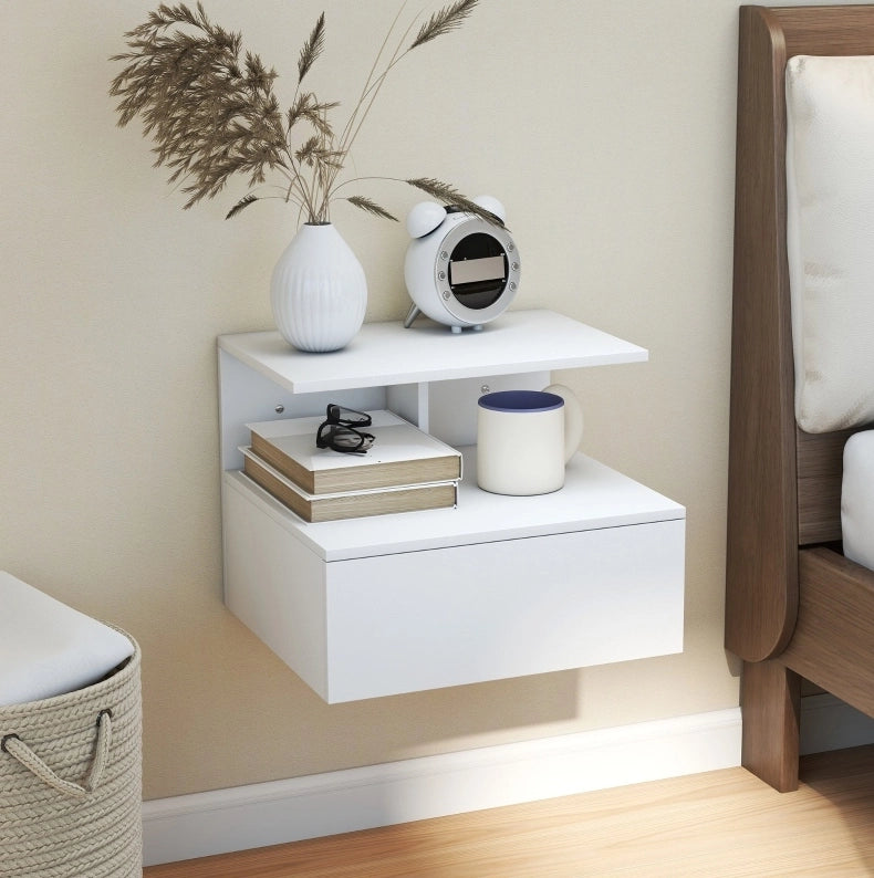 Comodino sospeso con cassetto e vano aperto in legno bianco