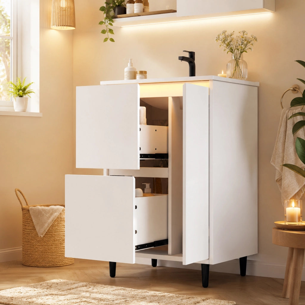 Mobile da bagno con 1 anta e 2 cassetti; lavabo in ceramica - per bagno - bianco