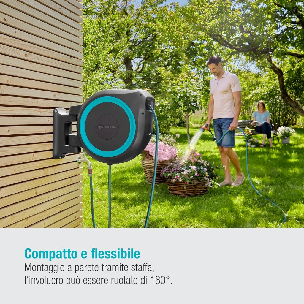 Avvolgitubo da Parete RollUp XL: incluso Tubo da Giardino da 35 m con Lancia e Raccordi, Avvolgimento Automatico, Ruotabile di 180 gradi, per Giardini di Grandi Dimensioni, Azzurro (18630-20)