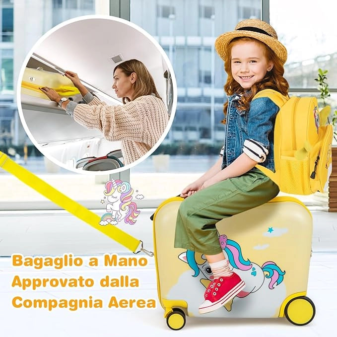 Valigia Cavalcabile per Bambini, 18" Valigia+ 12" Zaino,2 Pezzi, Trolley Bambini Bagaglio a Mano con Ruote Girevoli e Maniglia Retrattile, 2 Cingie Multiuso (Modello 3)