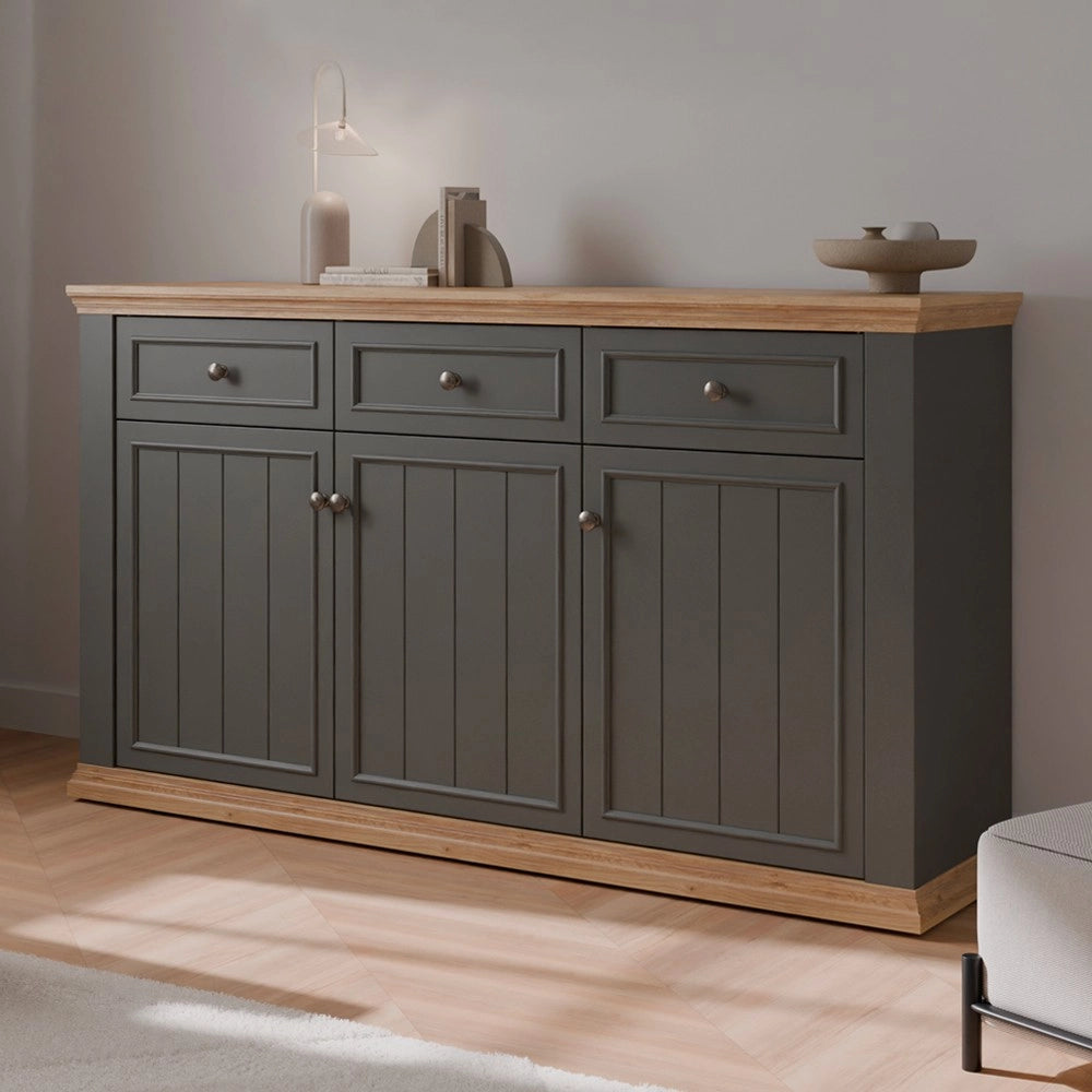 Madia Essenza 3 Ante e 3 Cassetti Grigio Scuro e Rovere 169 cm – Stile Classico Moderno