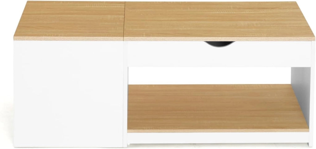 Tavolino ELEA a 2 ante sollevabili con struttura in legno bianco ed effetto faggio