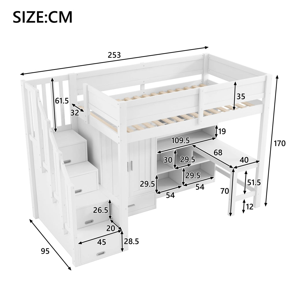 LETTO A CASTELLO 90x200 cm con scrivania, ripiani, armadio e LED, bianco
