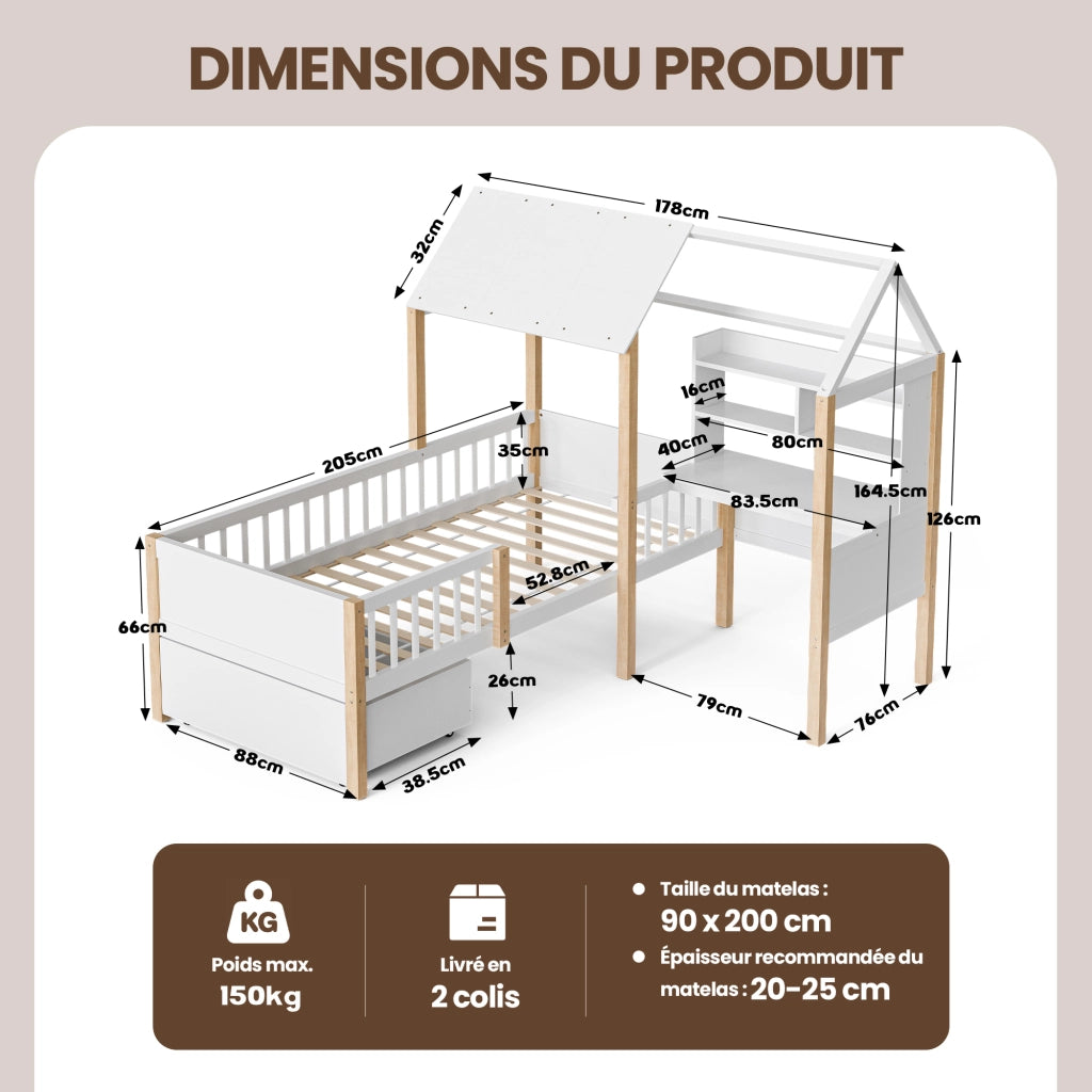 Letto per bambini 90 × 200 cm con scrivania, libreria, cassetti su ruote, sponda di sicurezza, senza materasso