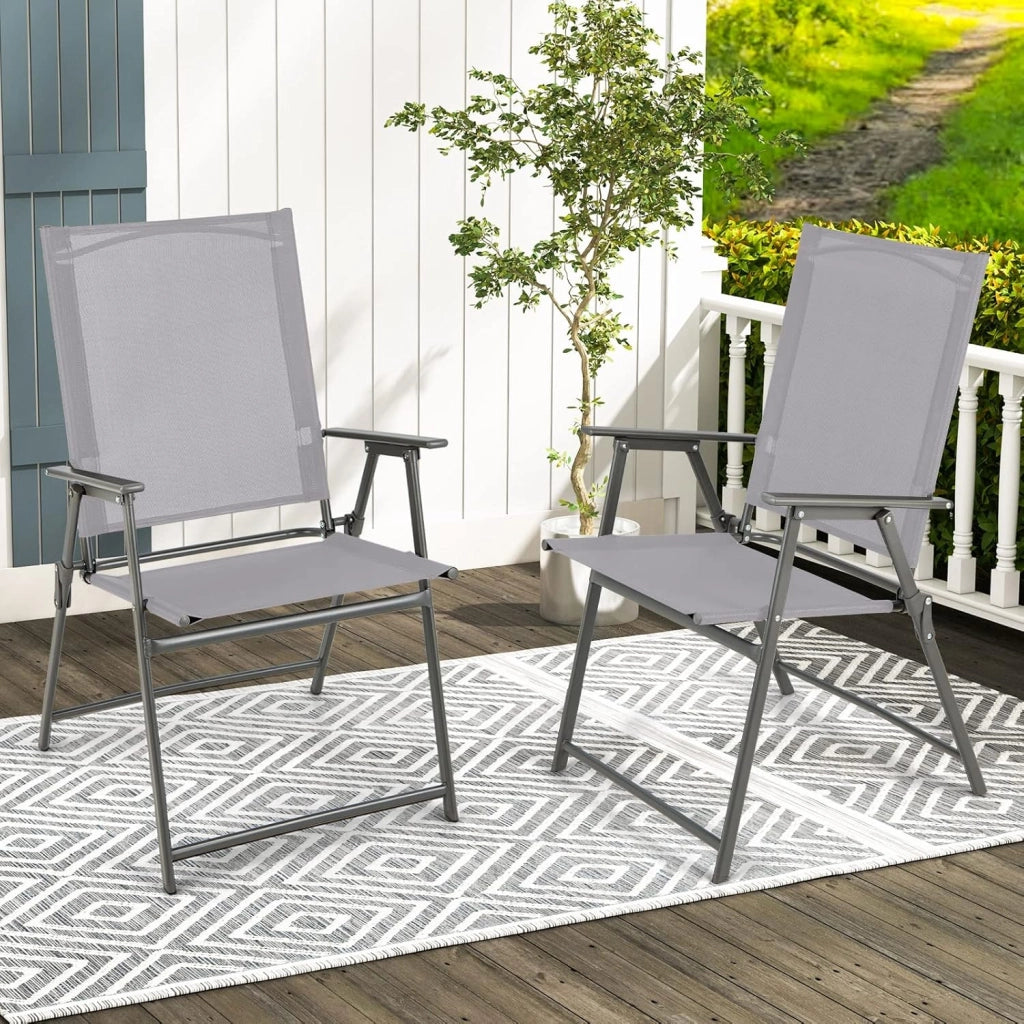 Set di 4 sedie da giardino pieghevoli, con schienale alto e bracciolo, in metallo e tessuto, portata fino a 150 kg, colore: grigio