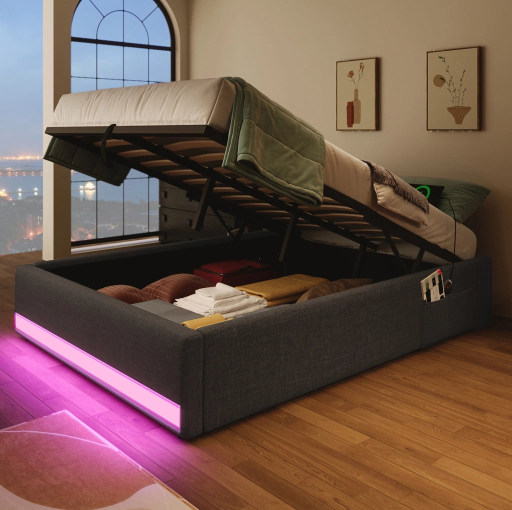 Letto imbottito 90x200 cm con LED, USB/Type-C e contenitore