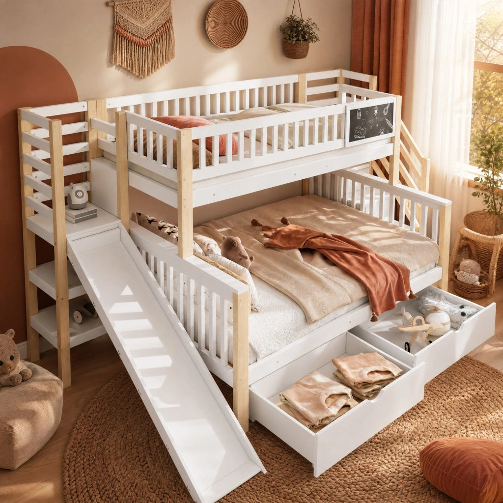 LETTO A CASTELLO 140x200 cm e 90x200 cm Legno Bianco/Naturale con scivolo