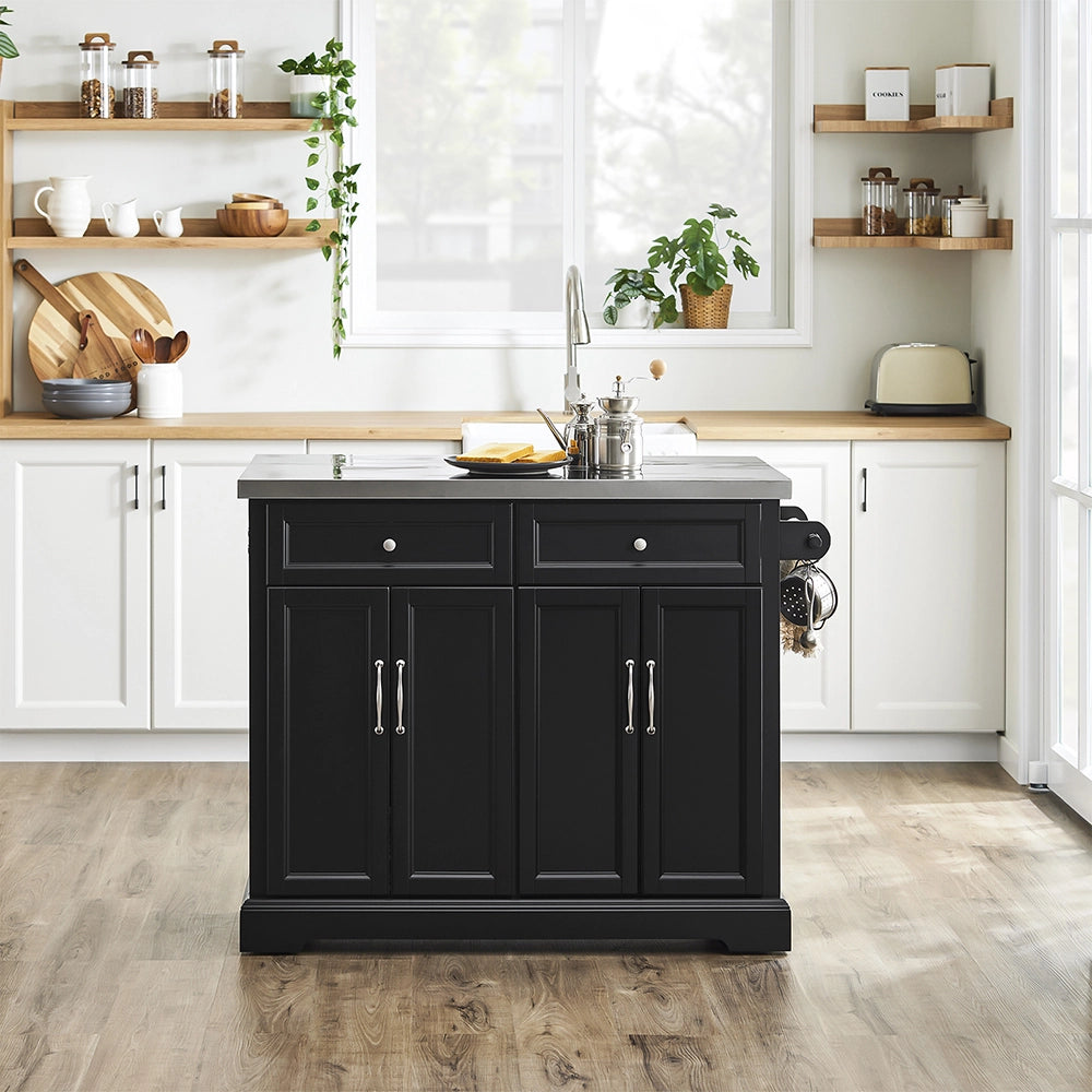 SoBuy | Isola cucina pieghevole nera | Carrello da cucina a 4 ruote | Cucina a penisola con 4 ante | 115.0x71.0x92.5 cm | Capacità di carico 78 kg | FKW71-II-SCH