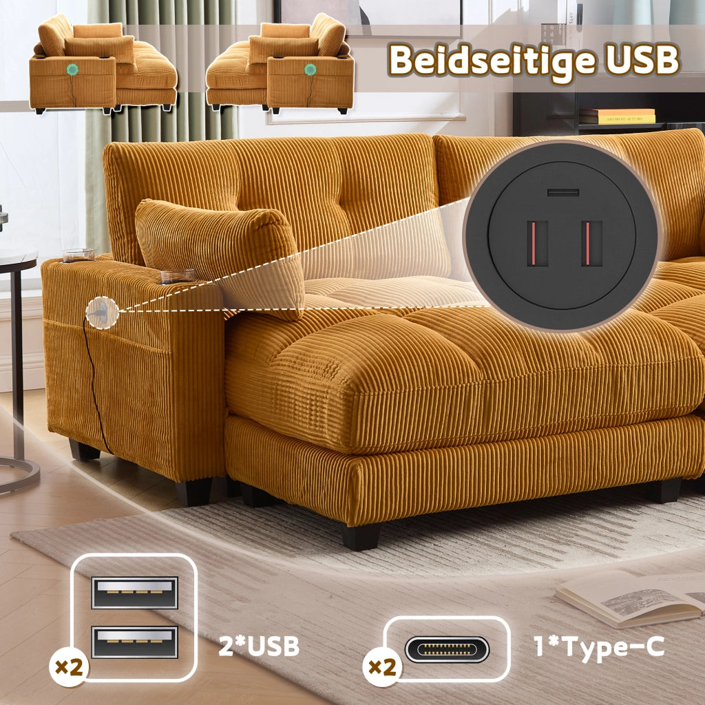 Divano modulare 2 posti in tessuto a coste con 4 portabicchieri 4 tasche laterali e USB giallo senape