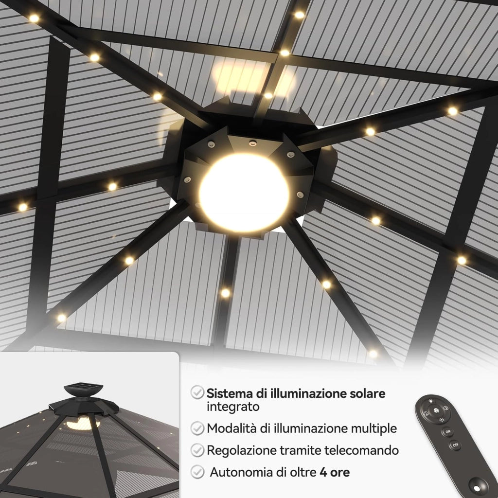 Gazebo 3 x 3 impermeabile con Luce LED, stabile, in alluminio, gazebo da giardino, con tetto fisso, protezione UV, adatto per scene esterne, grigio