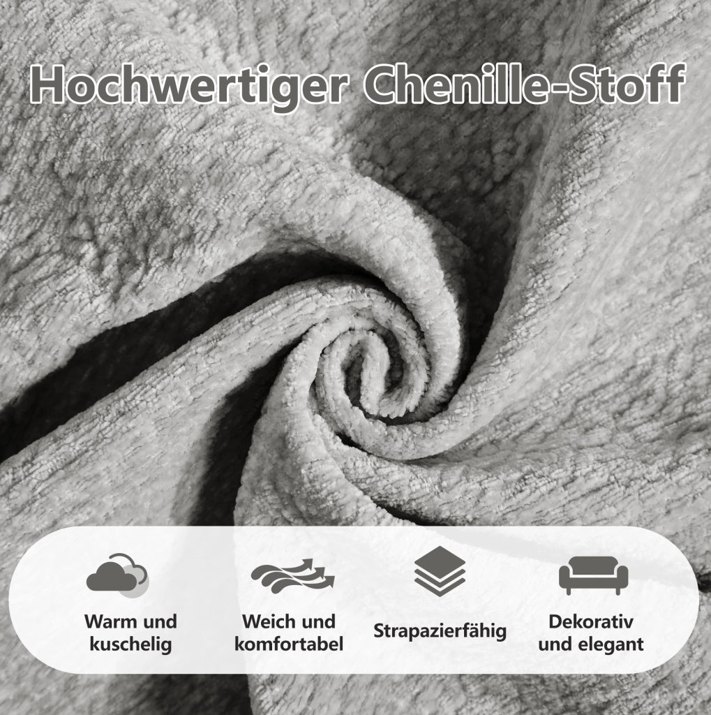 Divano modulare in chenille con 2 pouf mobili; configurazione a U o L; 330x149x90 cm; grigio chiaro