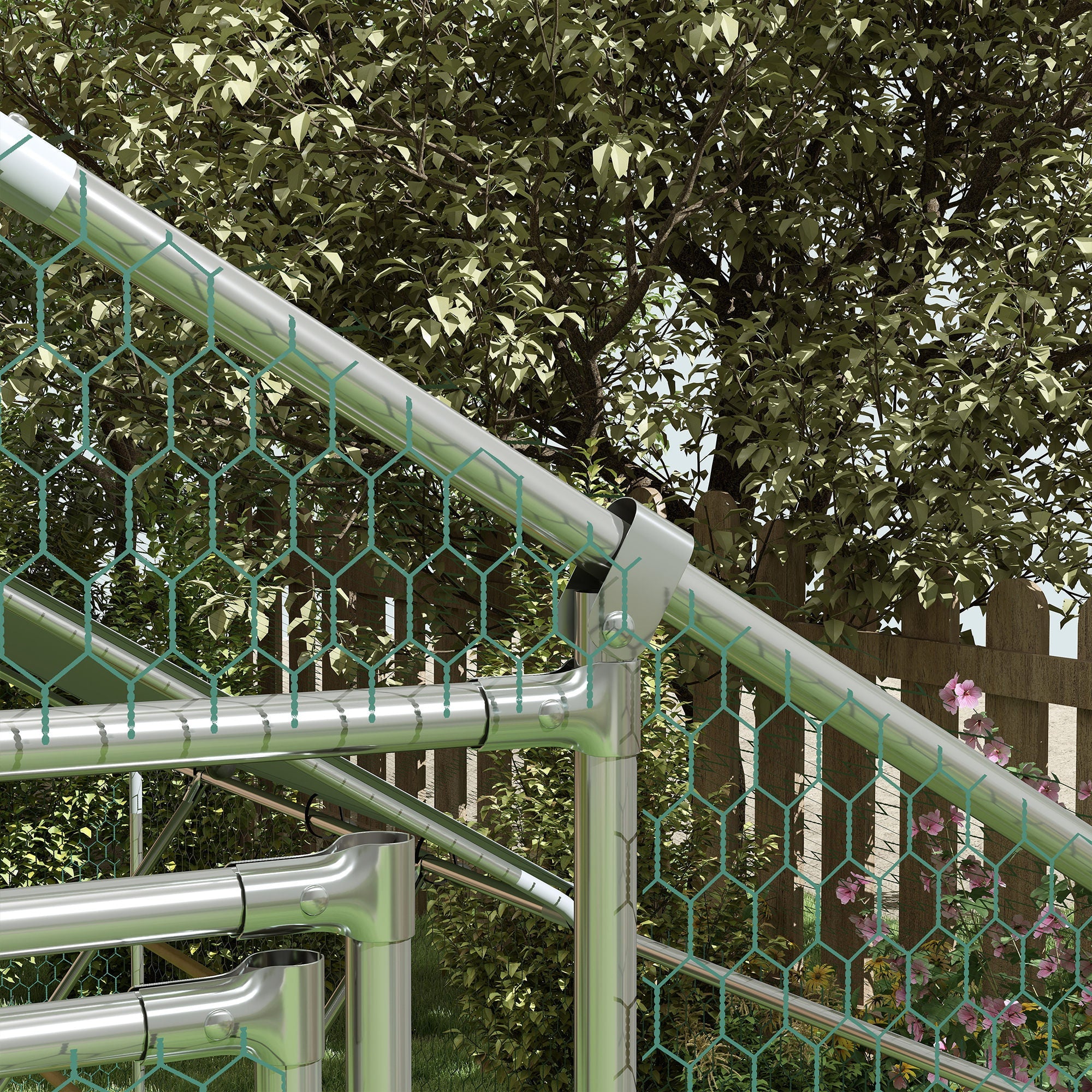 Recinto per Galline da 12 mq 300x400x195 cm per 12-18 Animali con Tetto Impermeabile Mangiatoia e Posatoio Argento