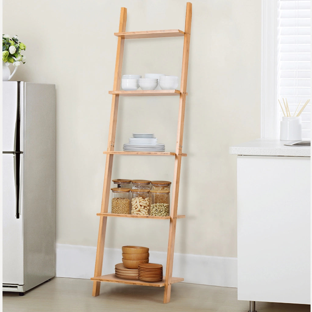 Libreria a scala in bamb¨´ multiuso con 5 ripiani-Scaffale moderno da soggiorno cucina ufficio 43x35x165cm