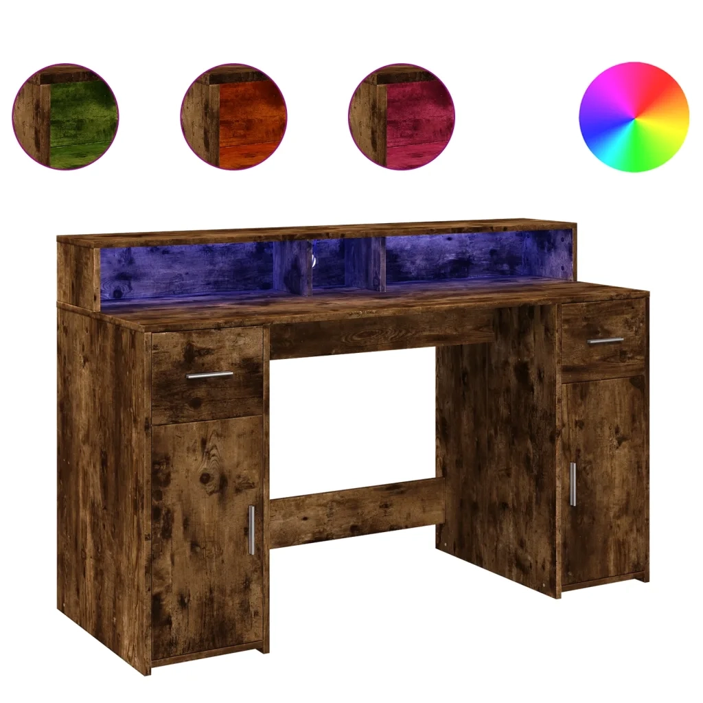 Scrivania con Luci LED Rovere Fumo 140x55x91 cm in Multistrato 3309424
