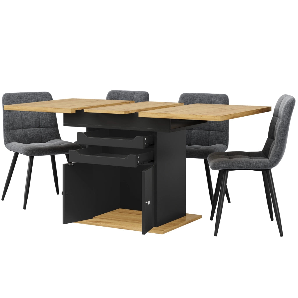 Tavolo da pranzo allungabile 110-140x80x76 cm con contenitore; chiusura soft-close in MDF nero