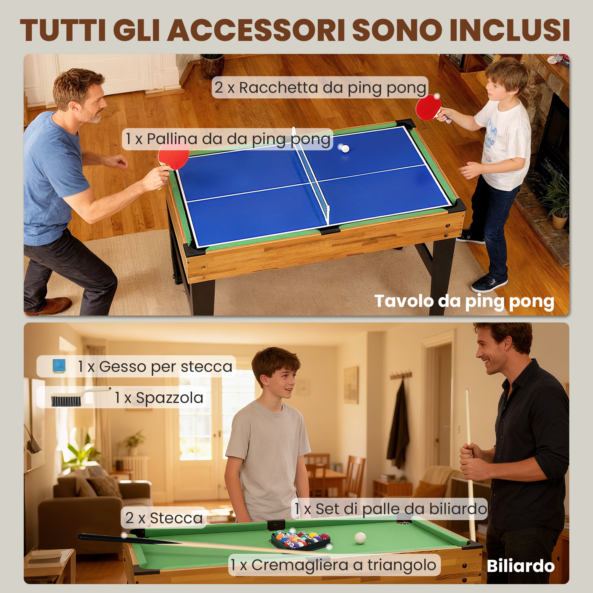 Tavolo da Gioco 13 in 1 con Calciobalilla Ping Pong Air Hockey Biliardo Scacchi e Altri Noce